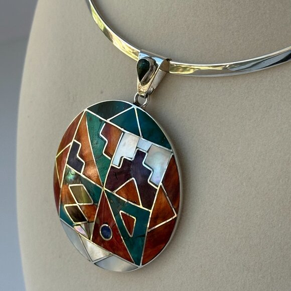 Peruvian 950 Sterling Silver Pendant | Circular Mosaic Inlay with Natural Stones - Picture 9 of 13
